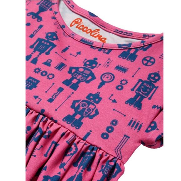 Piccolina Dress Pink Purple Robot SS Tiered Rolled Sleeve 100% Cotton Size 4T - Picture 3 of 8